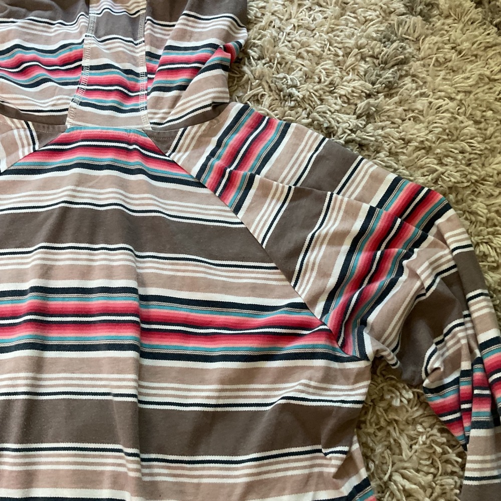 Ariat Womens Serape Stripe Lightweight Hoodie Tassel Drawstring Top Brown Pink L - Picture 12 of 14
